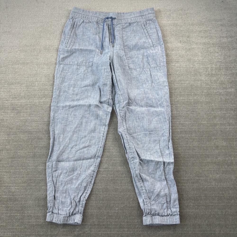 Athleta Pants Women 8 Retreat Blue Chambray Linen Jogger Zip Pockets Coastal